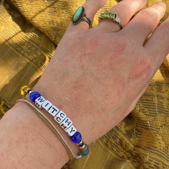 Handmade Blue & Gold WITCHY WOO Wrap Bracelet w New & Upcycled Beads - Picture 5 of 6